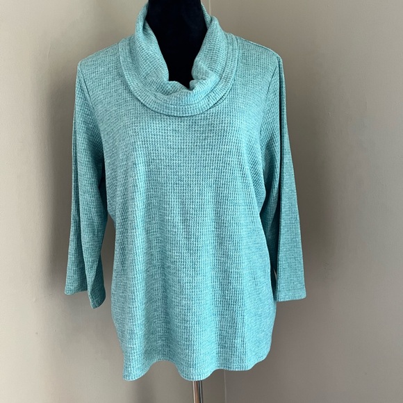 J.Jill Wearever Waffle Teal Cowl Neck Top sz L - Picture 3 of 9